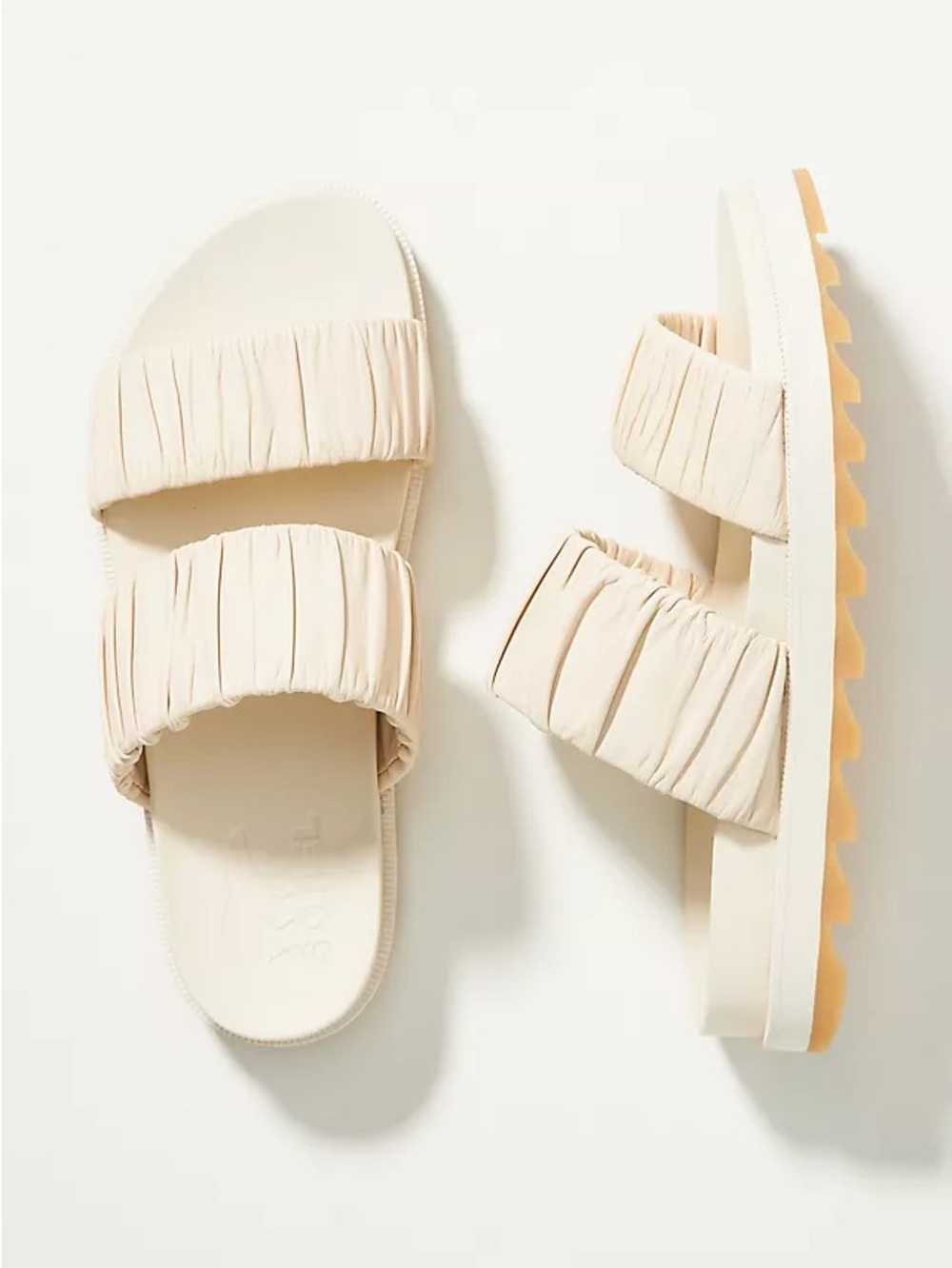 New Sorel Roaming Scrunched Leather Strap Ivory Slide Sandals